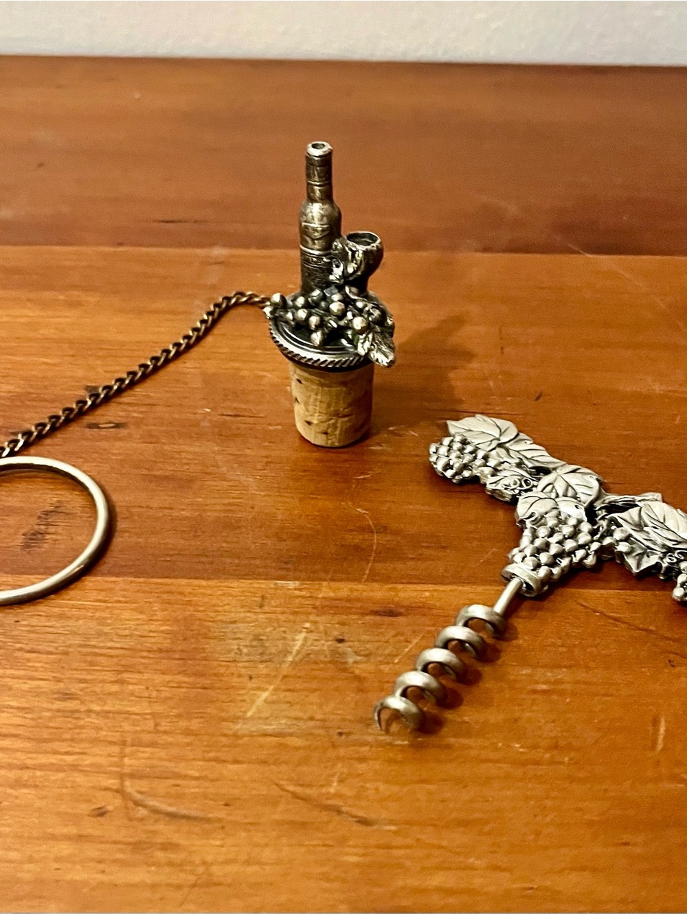 Vintage 2pc Pewter Wine Stopper and Corkscrew Set Ornate Grapevine Motif Bar